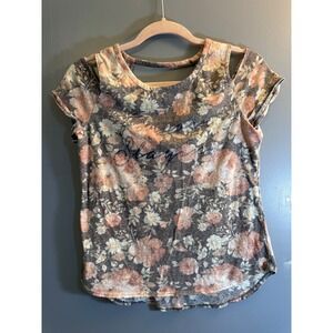 Hot Gal Floral Cold Shoulder Open Back Graphic Tee Grey Peach Medium S328-SC1081
